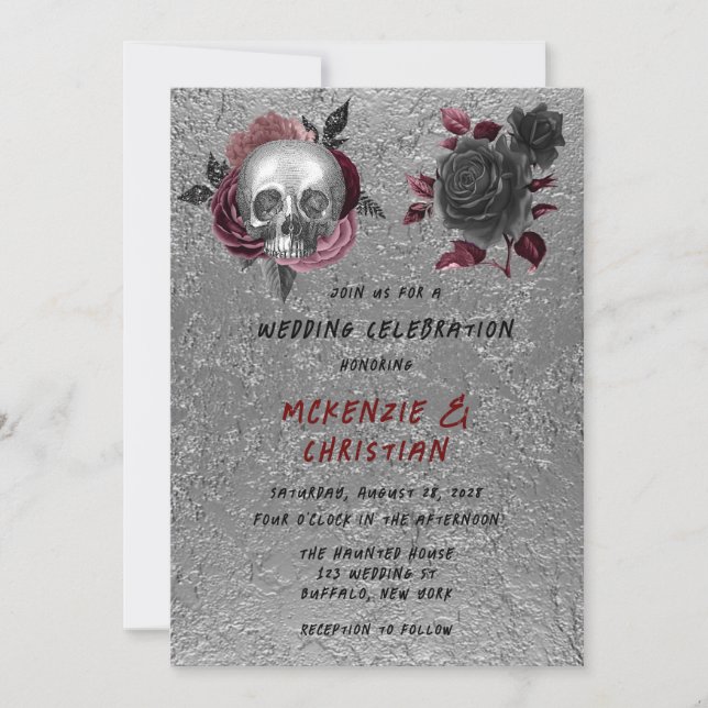 Invitation Mariage d'Halloween de tête de crâne rose argenté (Devant)