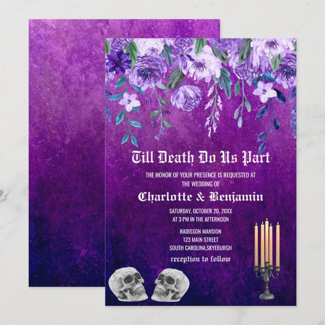 Invitation Mariage d'Halloween Fleur Skull Violet  (Devant / Derrière)