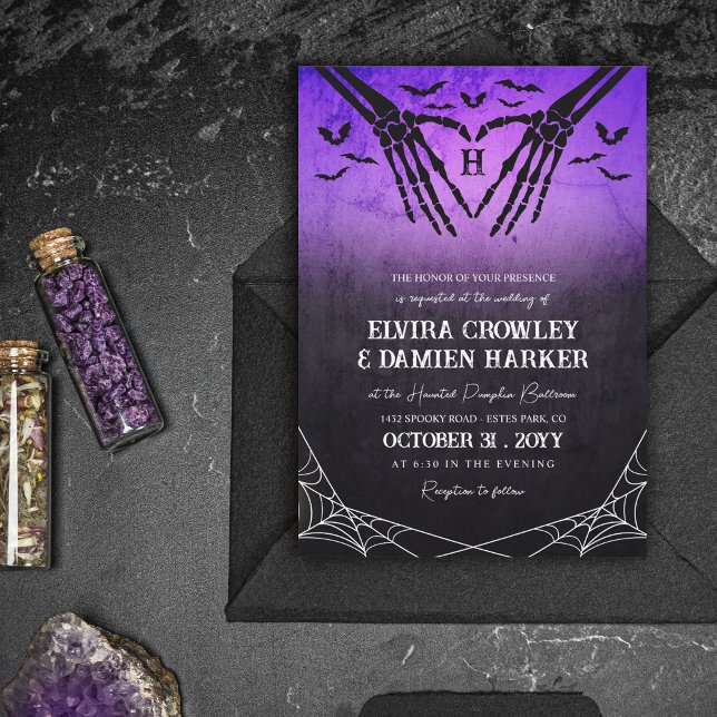 Invitation Mariage d'Halloween gothique Cœur de squelette Cha (Créateur téléchargé)