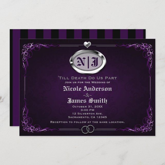 Invitation Mariage d'Halloween gothique Vintage en argent et  (Devant / Derrière)