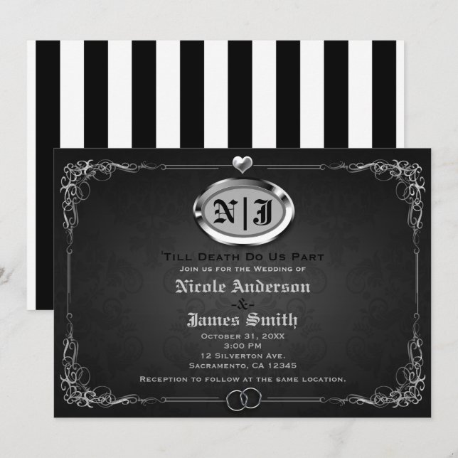Invitation Mariage d'Halloween gothique Vintage en argent et  (Devant / Derrière)