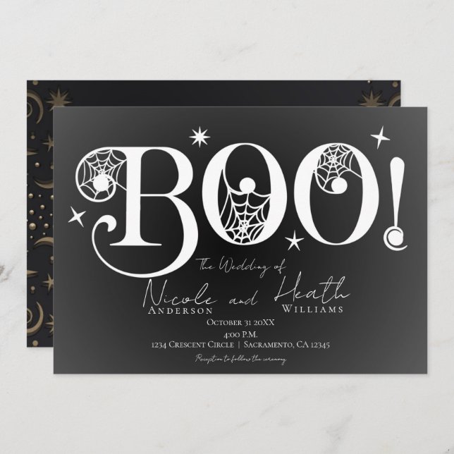 Invitation Mariage d'Halloween noir blanc foncé dans (Devant / Derrière)