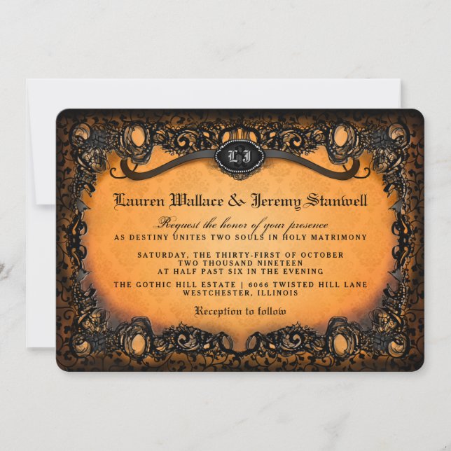 Invitation Mariage d'Halloween noir orange avec RÉCEPTION INF (Devant)