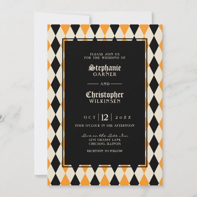 Invitation Mariage d'Halloween Orange Black Harlequin (Devant)