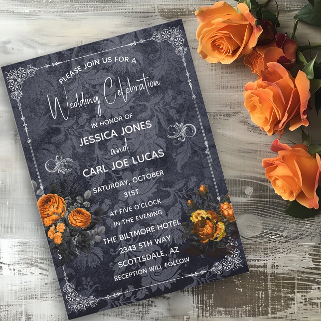 Invitation Mariage d'Halloween Rose Orange Floral Orné (Créateur téléchargé)