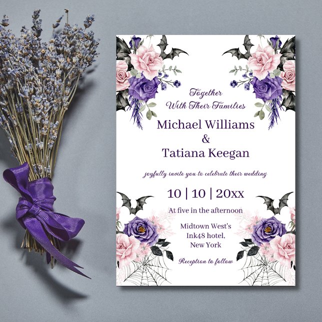 Invitation Mariage d'Halloween Rose Violette Romance Sombre É (Créateur téléchargé)