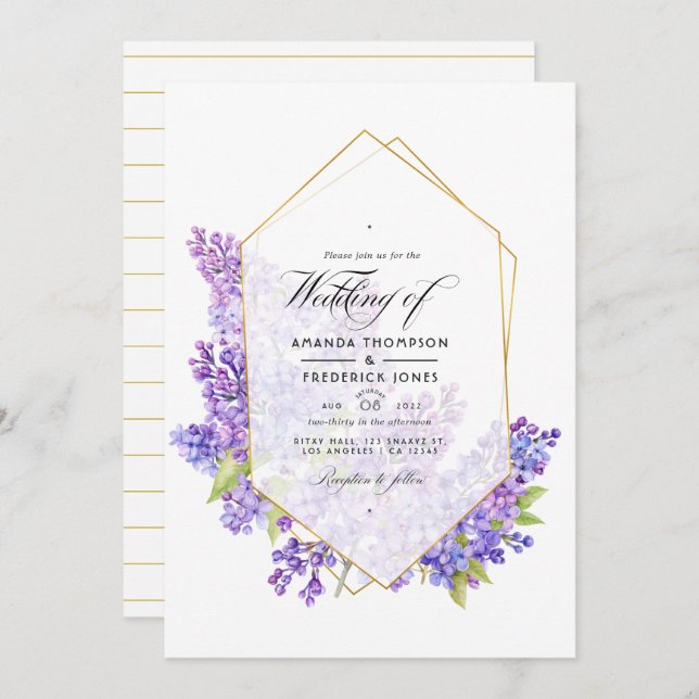 Invitation Mariage d'Herbarium géométrique Pastel Violet et O (Devant / Derrière)