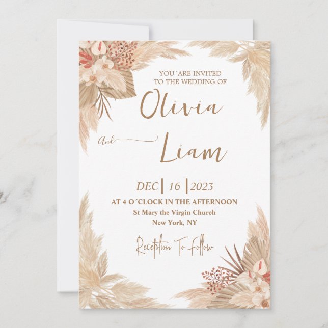 Invitation Mariage d'herbe Boho Pampas (Devant)