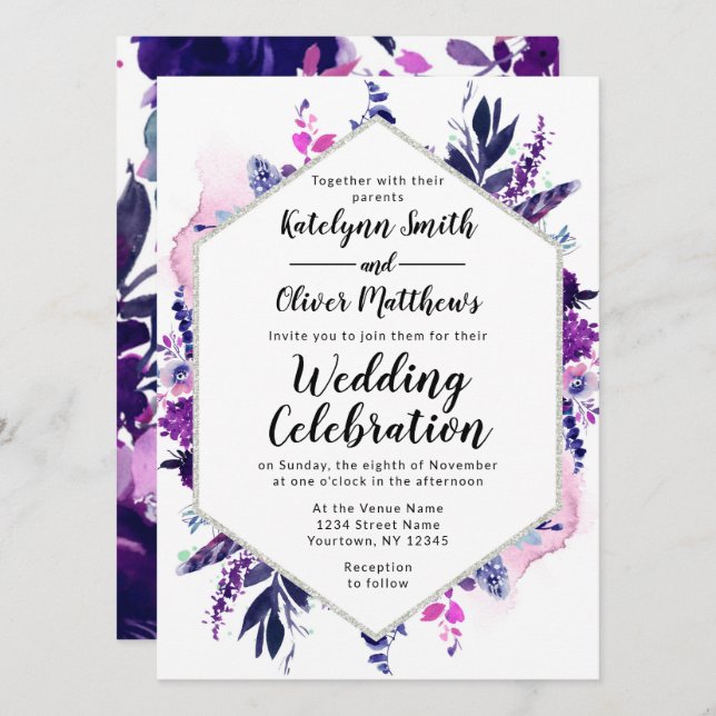 Invitation Mariage d'Hexagon d'aquarelle violet floral enchan (Devant / Derrière)