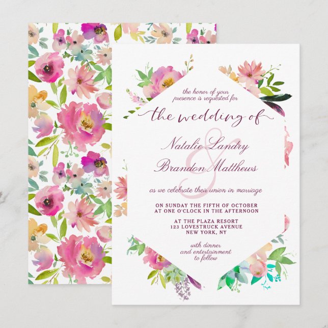 Invitation Mariage d'hexagone floral fleuri à la menthe chic  (Devant / Derrière)