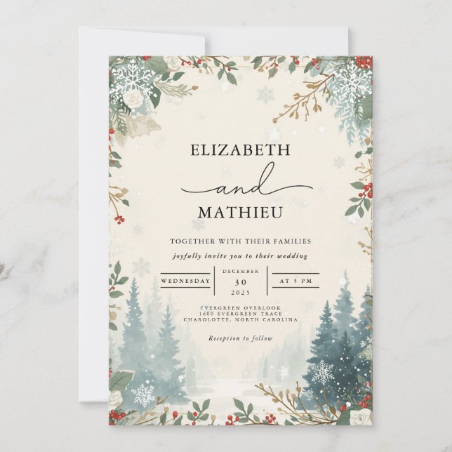 Invitation Mariage d'hiver À feuillage persistant gelé (Devant)