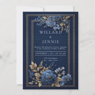 Invitation Mariage d'hiver à fleurs texturées bleu marine et 