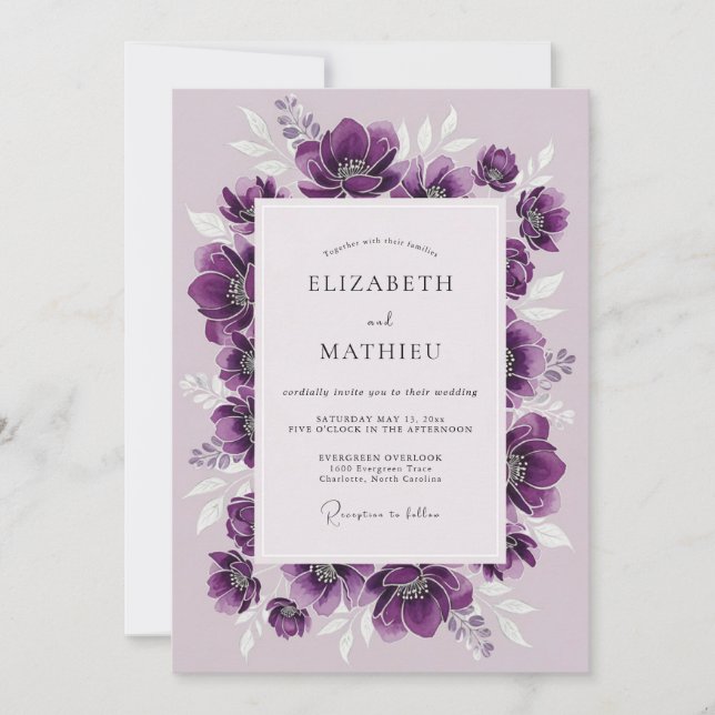 Invitation Mariage d'hiver à l'anémone luxuriante prune (Devant)