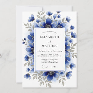 Invitation Mariage d'hiver à l'aquarelle bleu de cobalt