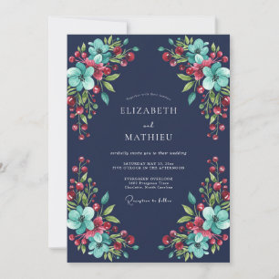 Invitation Mariage d'hiver à l'aquarelle bleu marine et sarce