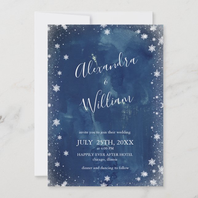 Invitation Mariage d'hiver à l'aquarelle bleu marine flocon d (Devant)