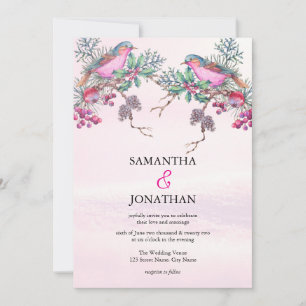 Invitation Mariage d'hiver à l'aquarelle Cônes de pin Oiseaux