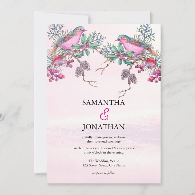 Invitation Mariage d'hiver à l'aquarelle Cônes de pin Oiseaux (Devant)