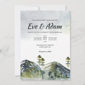 Invitation Mariage d'hiver à l'aquarelle Montagne Alpine Pin