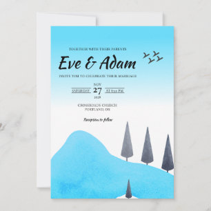 Invitation Mariage d'hiver à l'aquarelle Pin Bleu et Eau Neig