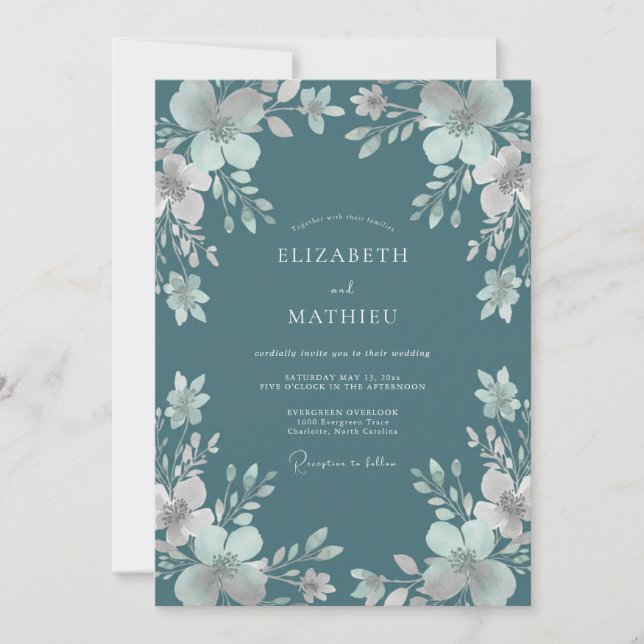 Invitation Mariage d'hiver à l'aquarelle sarcelle luxuriante (Devant)