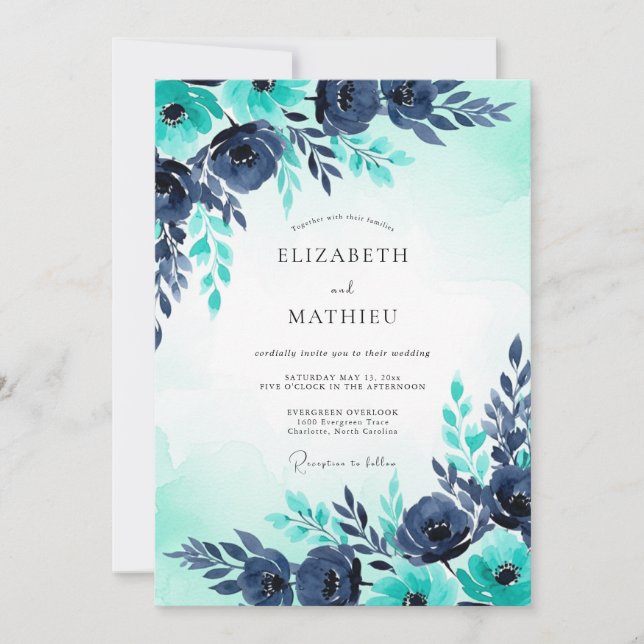 Invitation Mariage d'hiver à l'aquarelle turquoise et marine (Devant)
