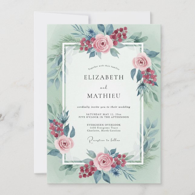 Invitation Mariage d'hiver à l'aquarelle vert sauge (Devant)