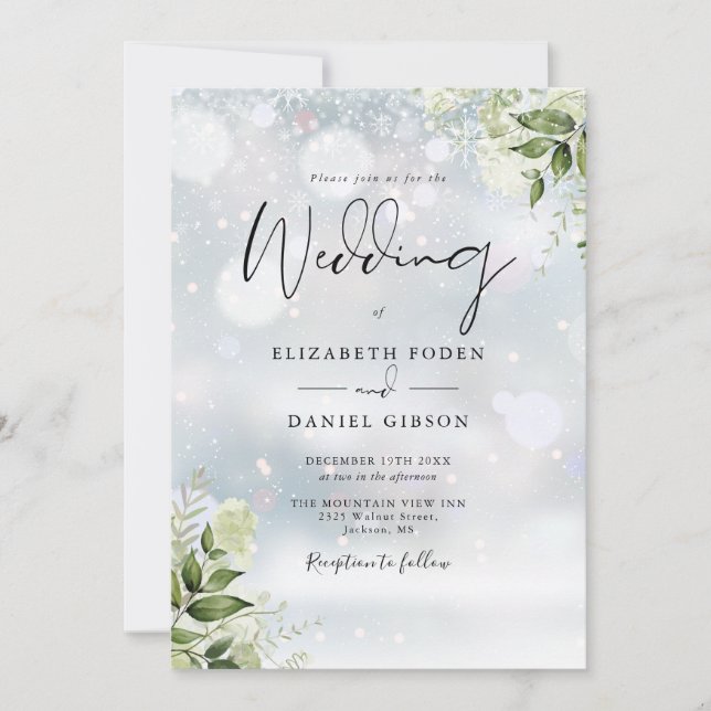 Invitation Mariage d'hiver à monogramme floral élégant avec v (Devant)