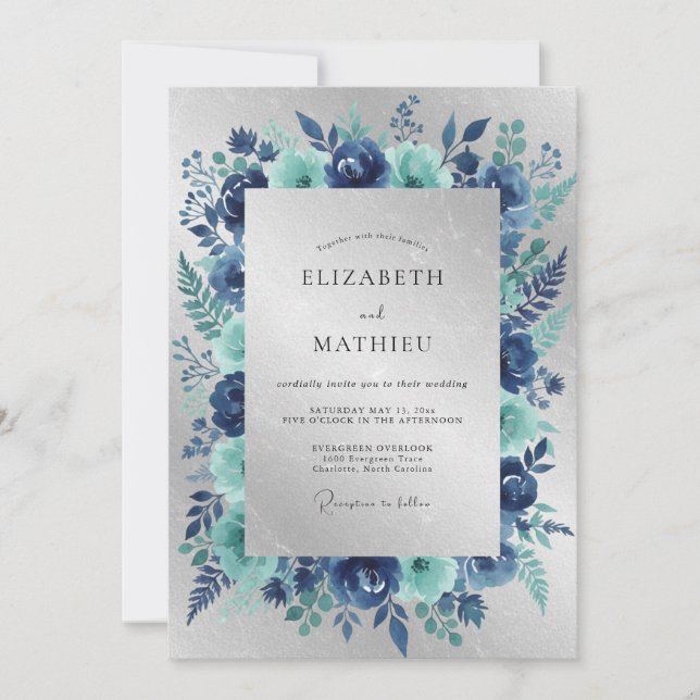 Invitation Mariage d'hiver argenté et bleu marine (Devant)