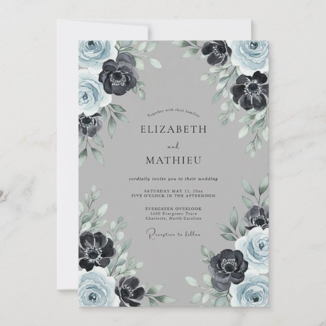 Invitation Mariage d'hiver atmosphérique bleu ardoise (Devant)