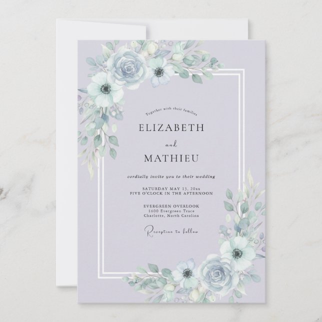 Invitation Mariage d'hiver atmosphérique bleu lavande (Devant)