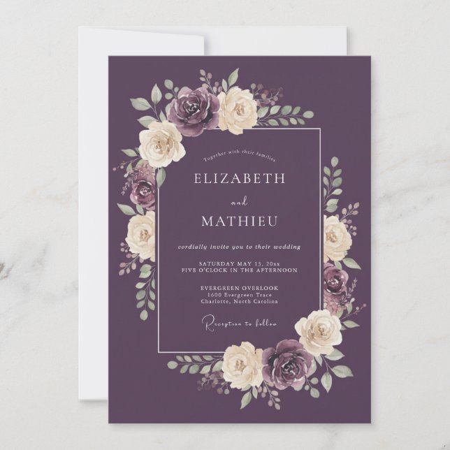 Invitation Mariage d'hiver atmosphérique prune (Devant)