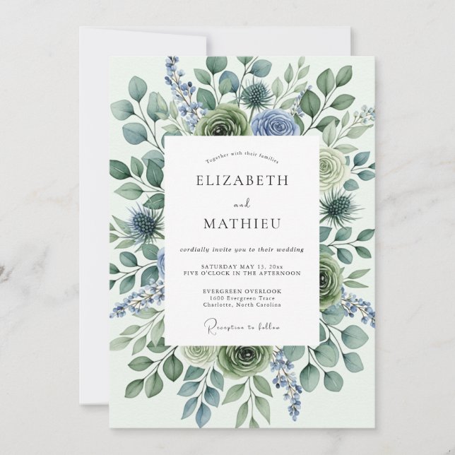 Invitation Mariage d'hiver au chardon vert sauge (Devant)