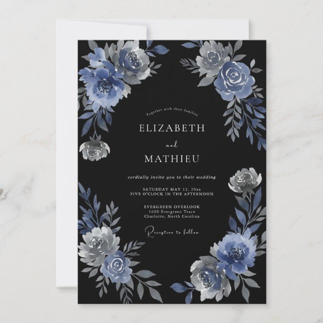 Invitation Mariage d'hiver au clair de lune bleu marine (Devant)