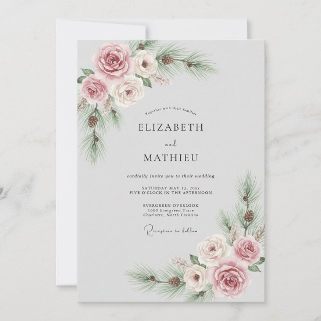 Invitation Mariage d'hiver au pin mauve (Devant)
