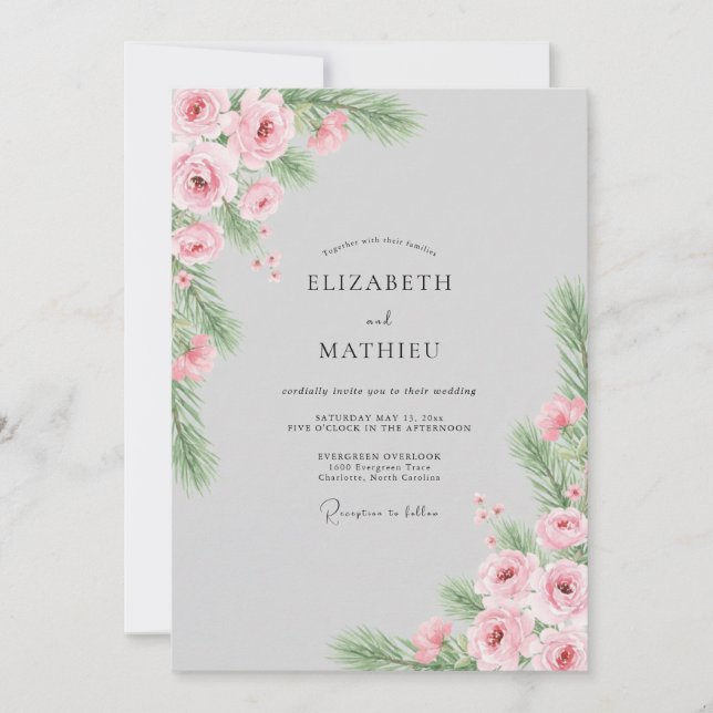 Invitation Mariage d'hiver au pin romantique gris (Devant)