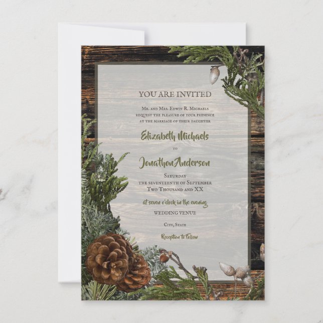 Invitation Mariage d'hiver au pin rustique (Devant)