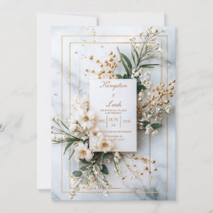 Invitation Mariage d'hiver aux fleurs blanches et marbre doré