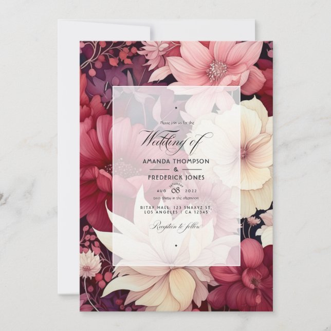 Invitation Mariage d'hiver aux fleurs grenat et crème (Devant)