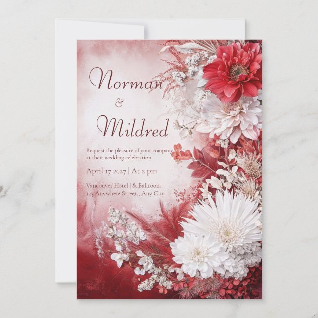 Invitation Mariage d'hiver aux fleurs rouges et blanches cram (Devant)