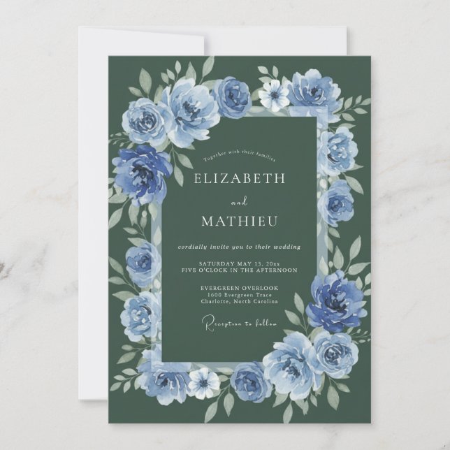 Invitation Mariage d'hiver aux fleurs vert forêt et azur (Devant)