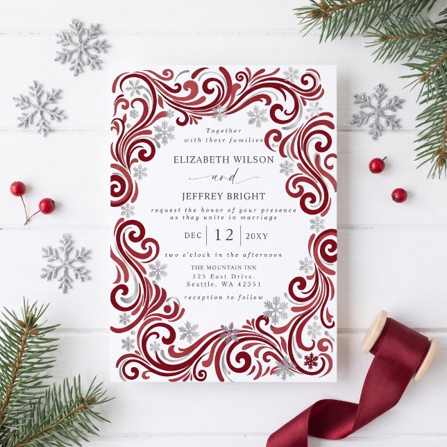 Invitation Mariage d'hiver aux flocons de neige rouge argent (Silver Red Snowflakes Winter Wedding Invitation)