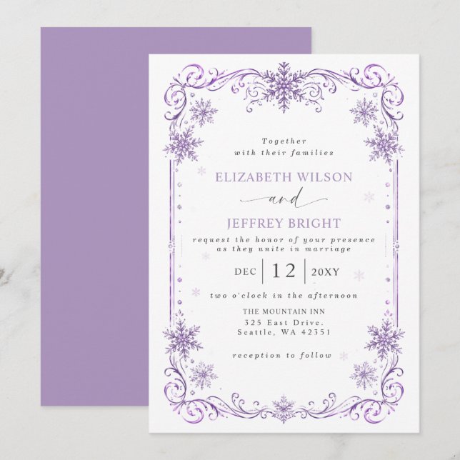 Invitation Mariage d'hiver aux flocons de neige violets éléga (Devant / Derrière)