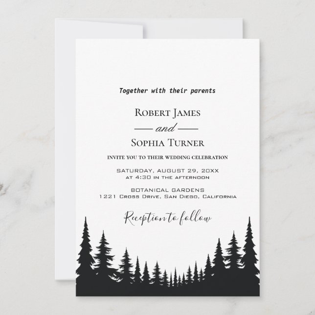 Invitation Mariage d'hiver aux pins noirs et blancs (Devant)