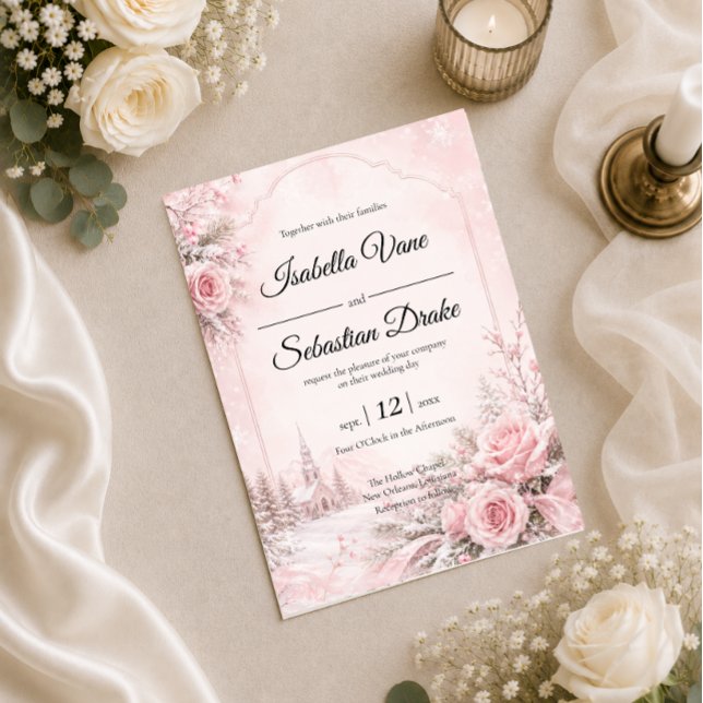 Invitation Mariage d'hiver aux teintes roses romantiques (Créateur téléchargé)
