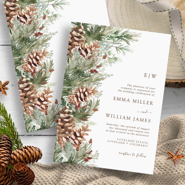 Invitation Mariage d'hiver avec monogramme (Monogrammed Outdoor Evergreen Pine White Wedding Invitation by Painted Paperie
)