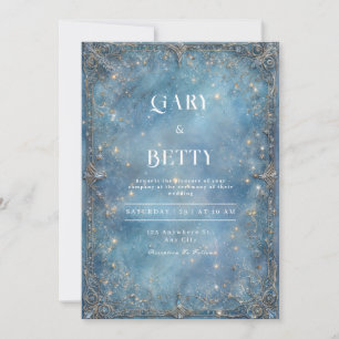 Invitation Mariage d'hiver baroque argent or bleu céleste