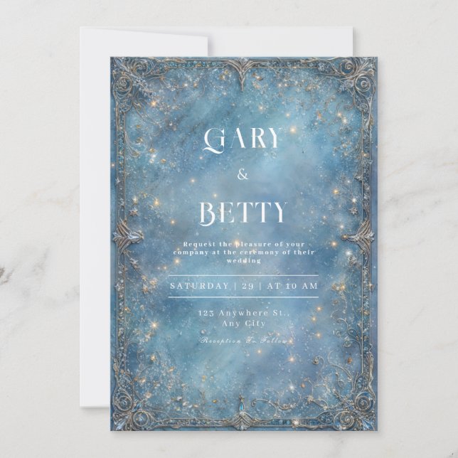 Invitation Mariage d'hiver baroque argent or bleu céleste (Devant)