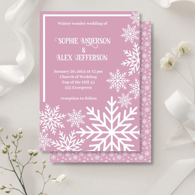 Invitation Mariage d'hiver blanc flocon rose (Winter wedding white snowflakes pink invitation)