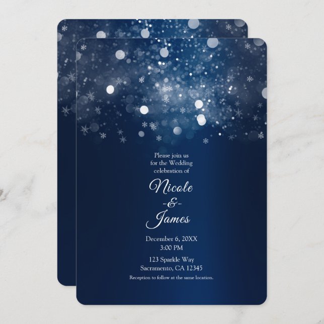 Invitation Mariage d'hiver bleu argenté (Devant / Derrière)